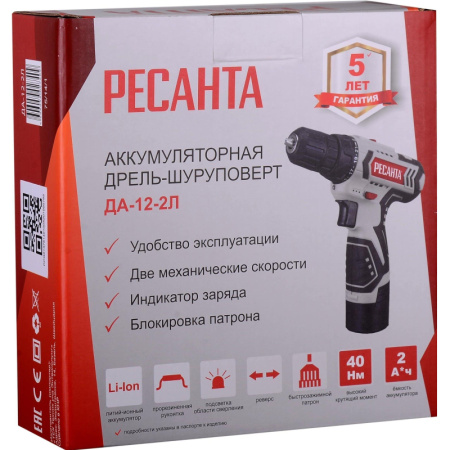 Дрель-шуруповерт аккумуляторная РЕСАНТА 12В, ДА-12-2Л (75/14/1)