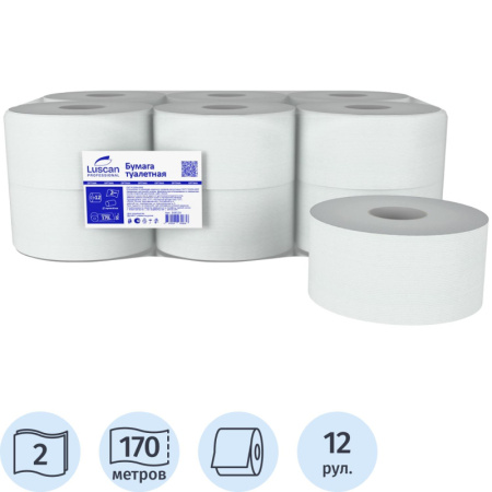 Бумага туалетная д/дисп Luscan Professional 2сл бел втор втул 170м 12рул/уп
