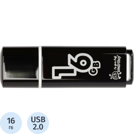 Флеш-память Smartbuy Glossy, 16Gb, USB 2.0, чер, SB16GBGS-K