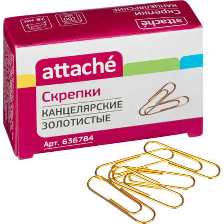 Скрепки Attache омедненные, 28 мм,негофрированные, золотистые, 100 шт/уп