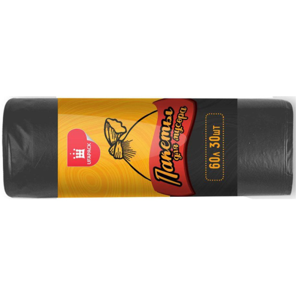 Мешки для мусора ПНД 60л. 10 мкм. 30шт/рул черные 58х68см Уфа Пак