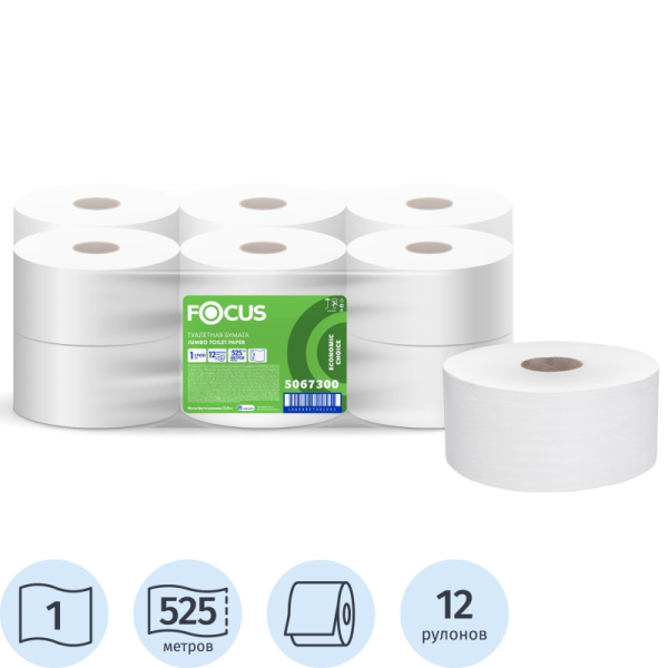 Бумага туалетная д/дисп Focus Eco Jumbo 1сл бел цел 525м 12рул/уп