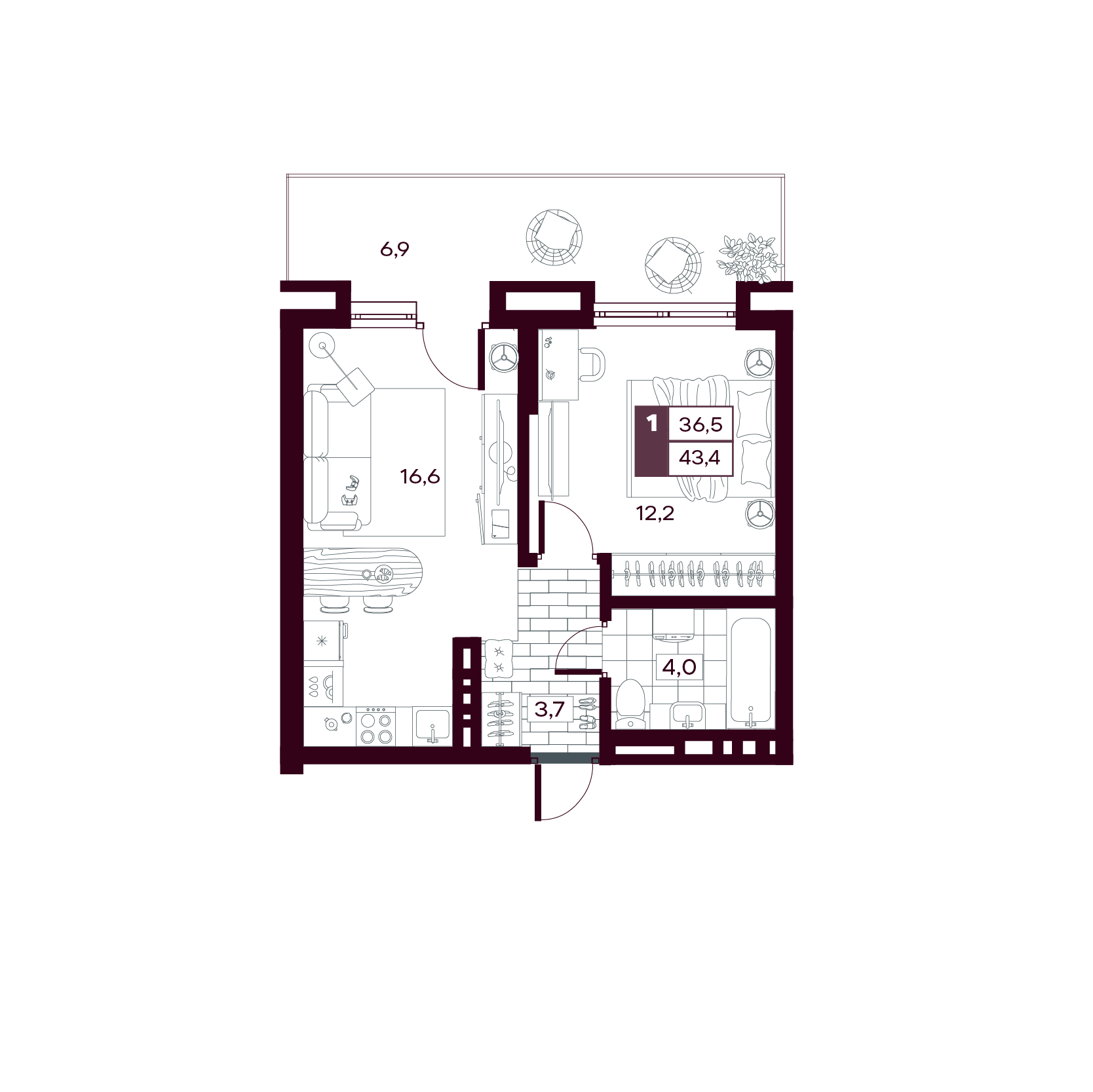 Планировка: Евродвушка 43.4 м² в ЖК MAX, От Слободы до Комарово парк