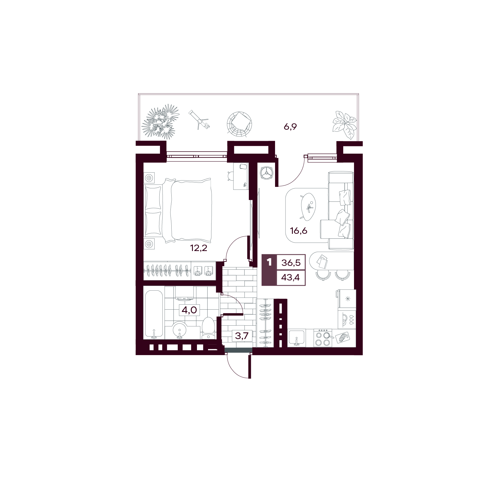 Планировка: Евродвушка 43.4 м² в ЖК MAX, От Слободы до Комарово парк
