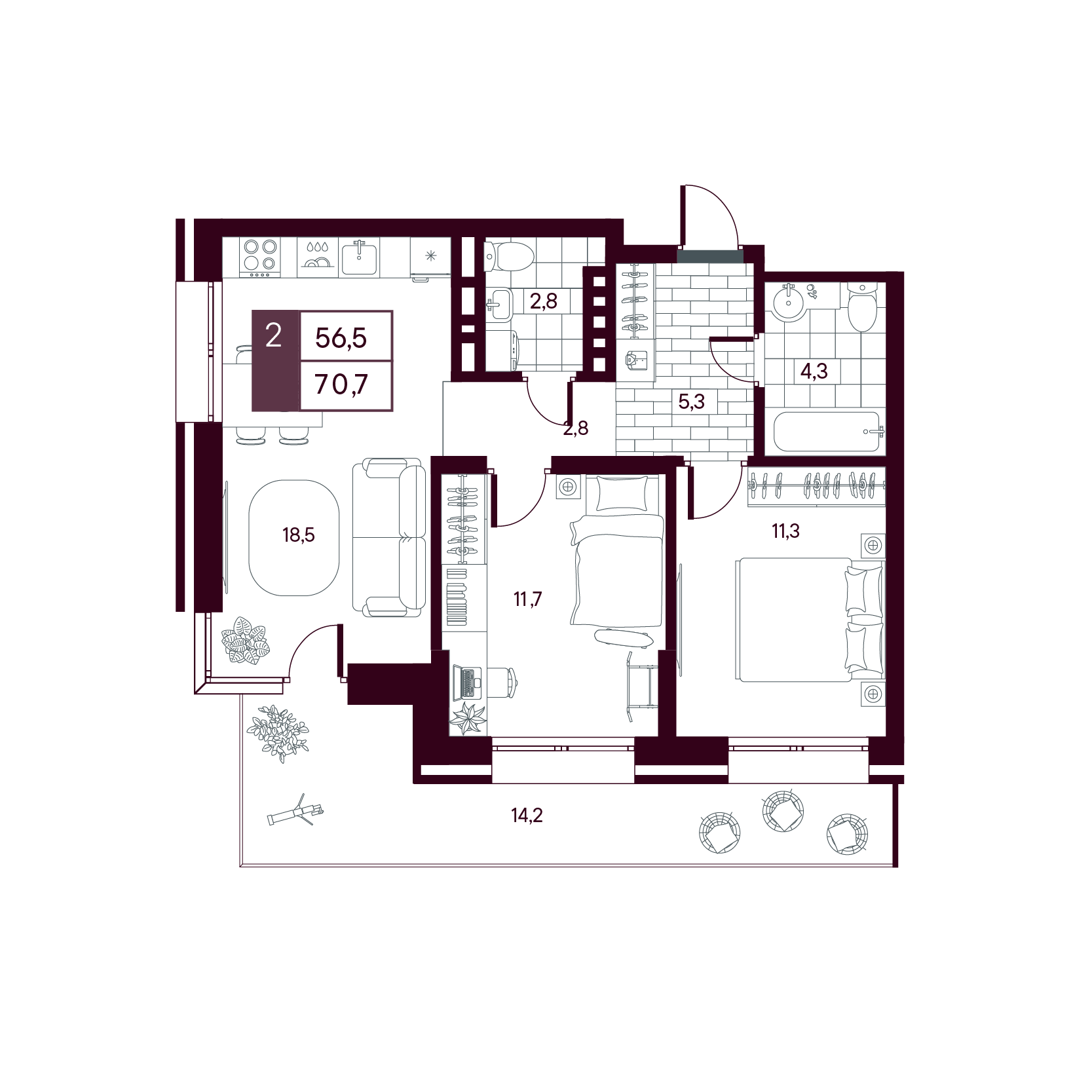 Планировка: Евротрешка 70.7 м² в ЖК MAX, От Слободы до Комарово парк