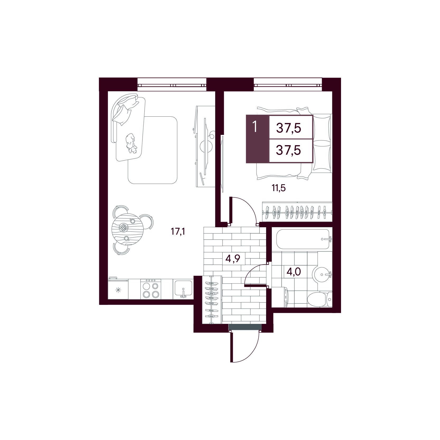 Планировка: Евродвушка 37.5 м² в ЖК MAX, От Слободы до Комарово парк