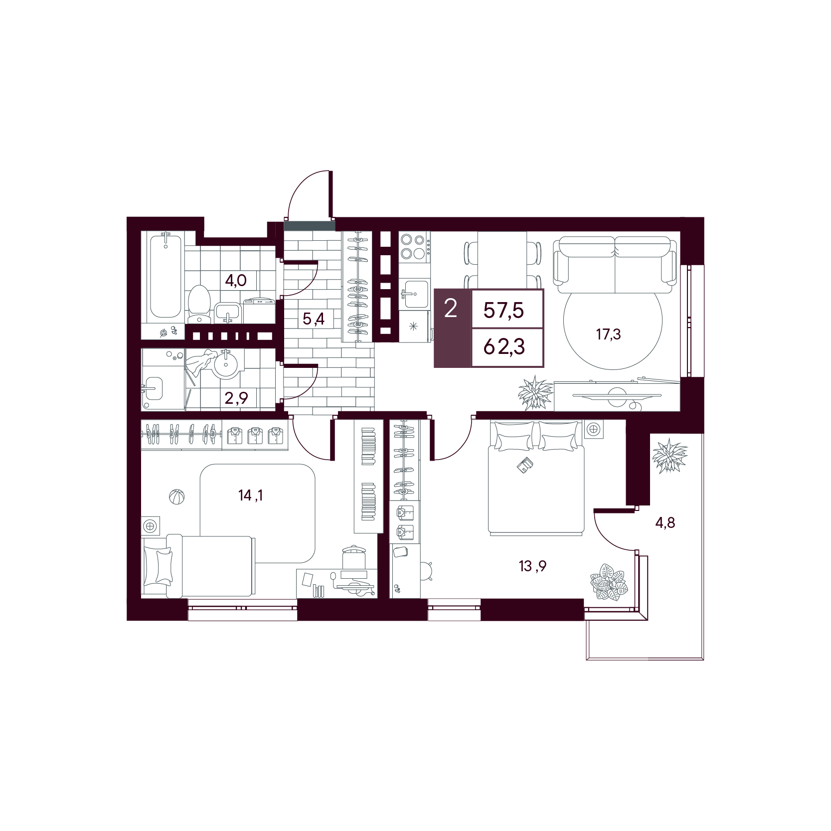 Планировка: Евротрешка 62.3 м² в ЖК MAX, От Слободы до Комарово парк