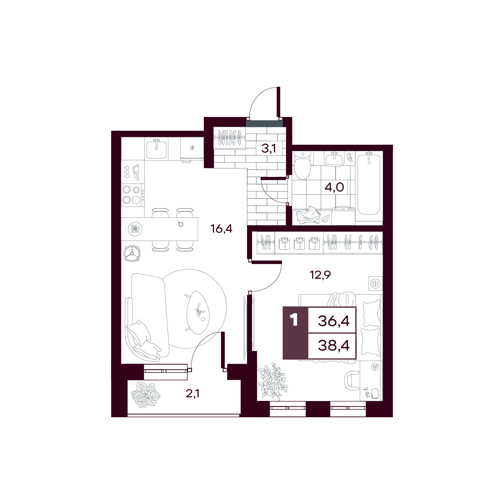 Планировка: Евродвушка 38.5 м² в ЖК MAX, От Слободы до Комарово парк