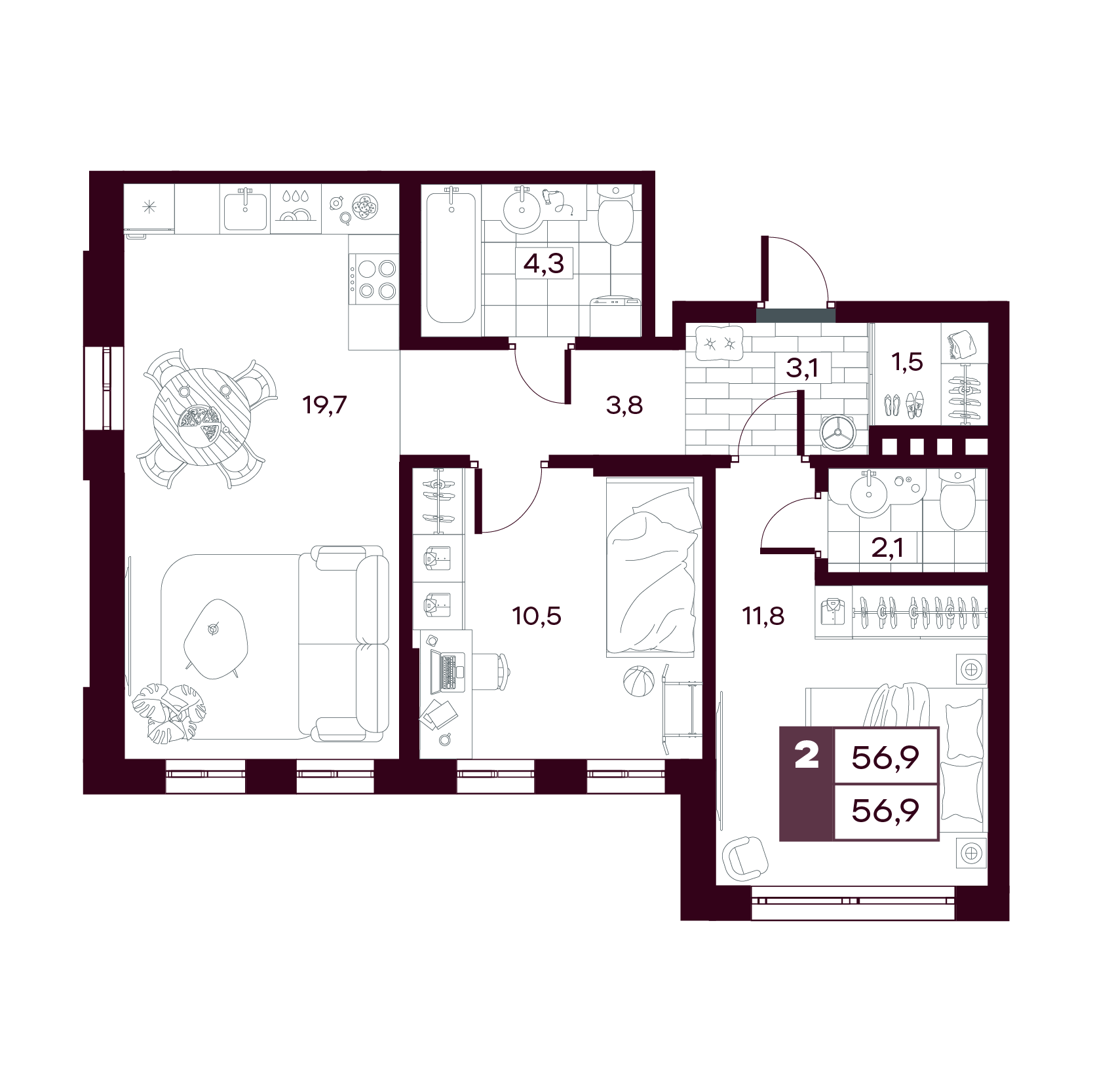 Планировка: Евротрешка 56.9 м² в ЖК MAX, От Слободы до Комарово парк