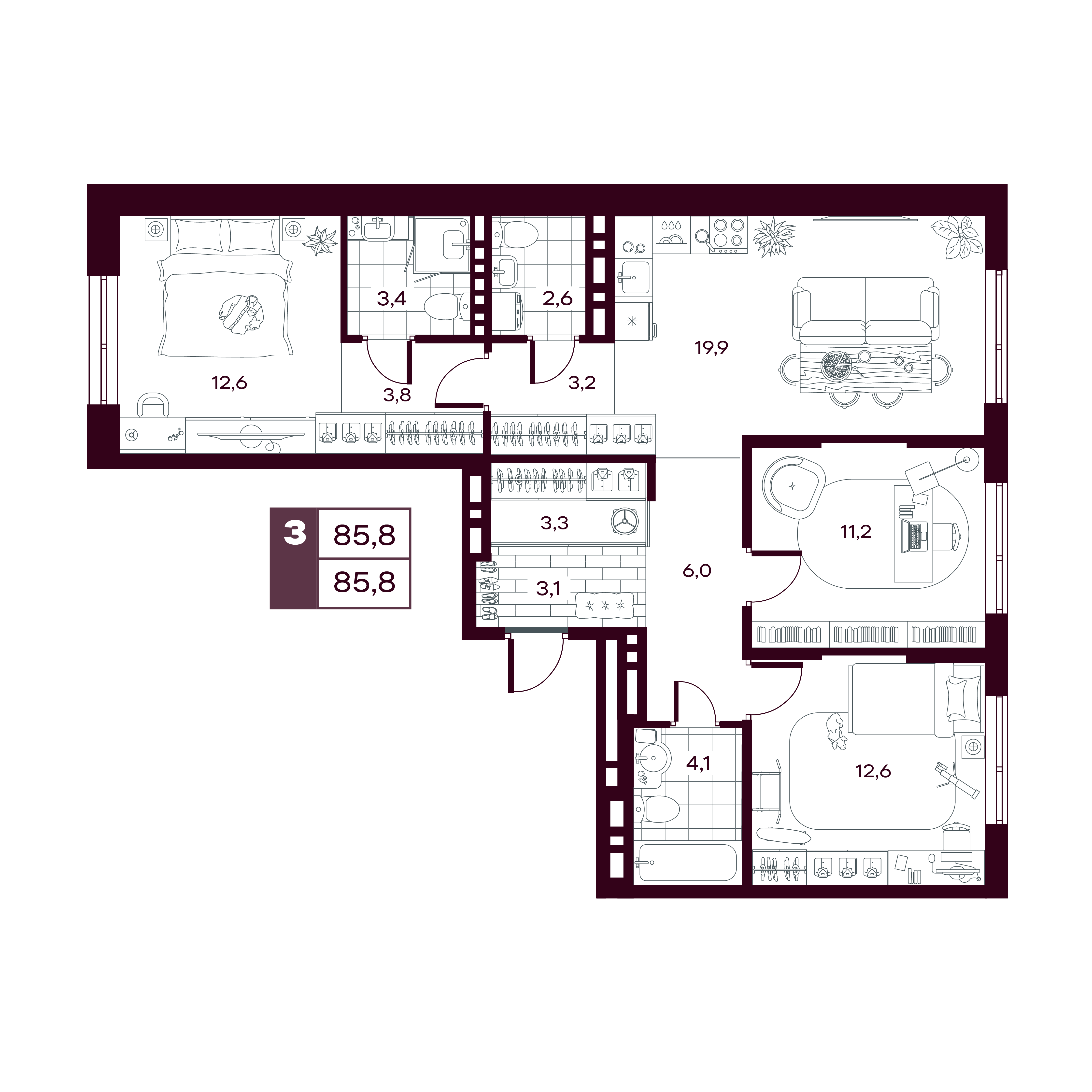 Планировка: 4-комнатная евро 85.8 м² в ЖК MAX, От Слободы до Комарово парк