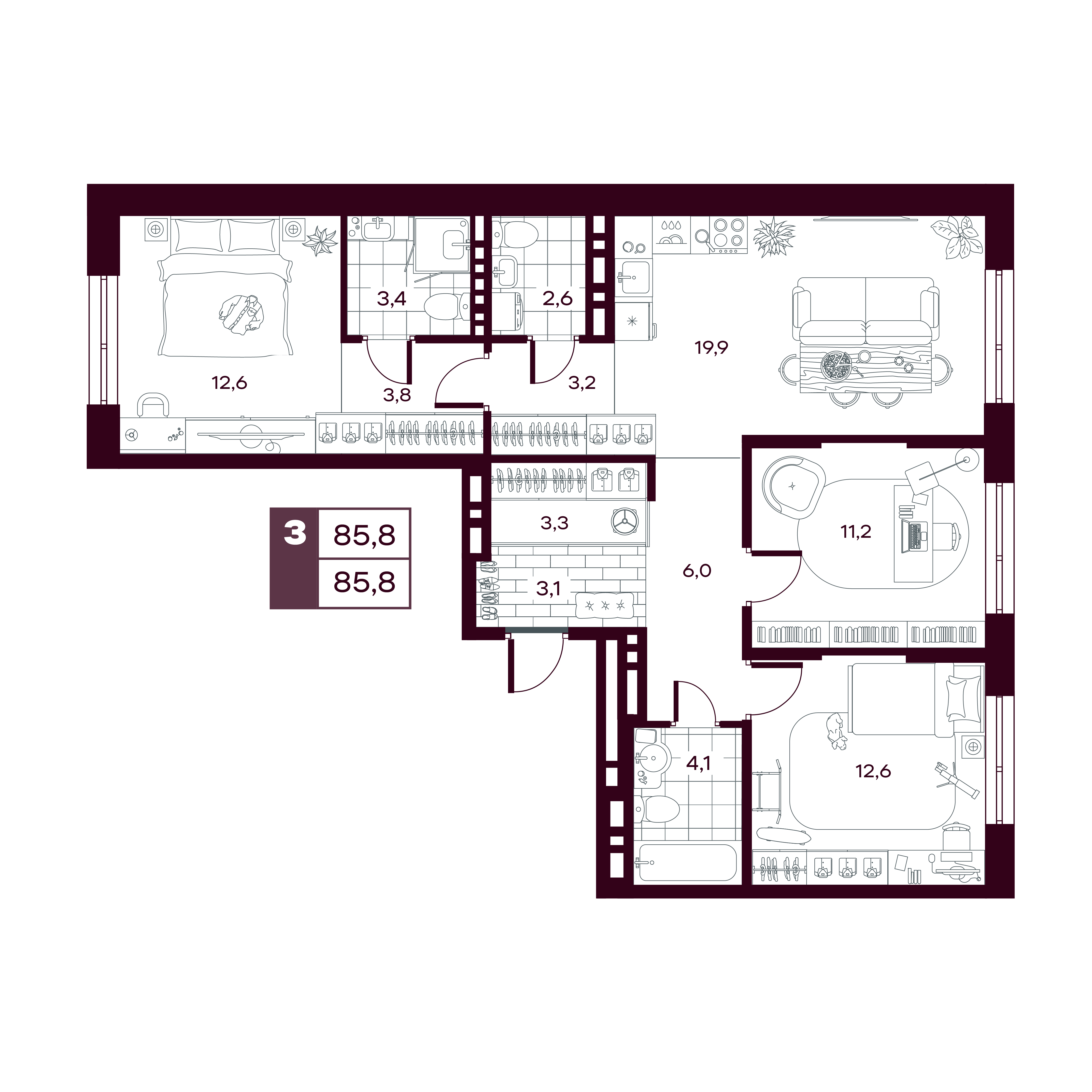 Планировка: 4-комнатная евро 85.8 м² в ЖК MAX, От Слободы до Комарово парк