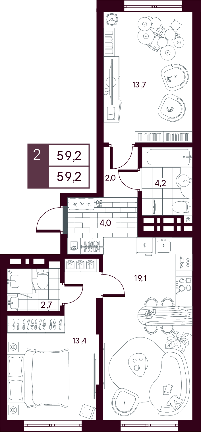 Планировка: Евротрешка 59.2 м² в ЖК MAX, От Слободы до Комарово парк