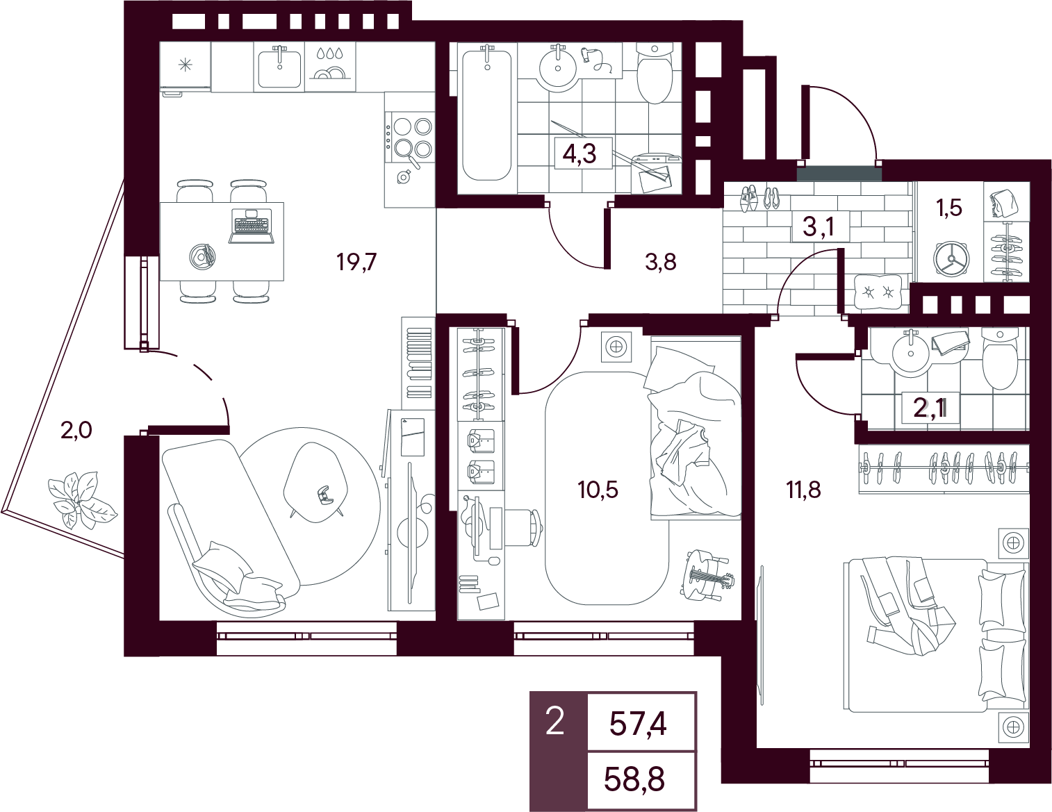 Планировка: Евротрешка 58.8 м² в ЖК MAX, От Слободы до Комарово парк