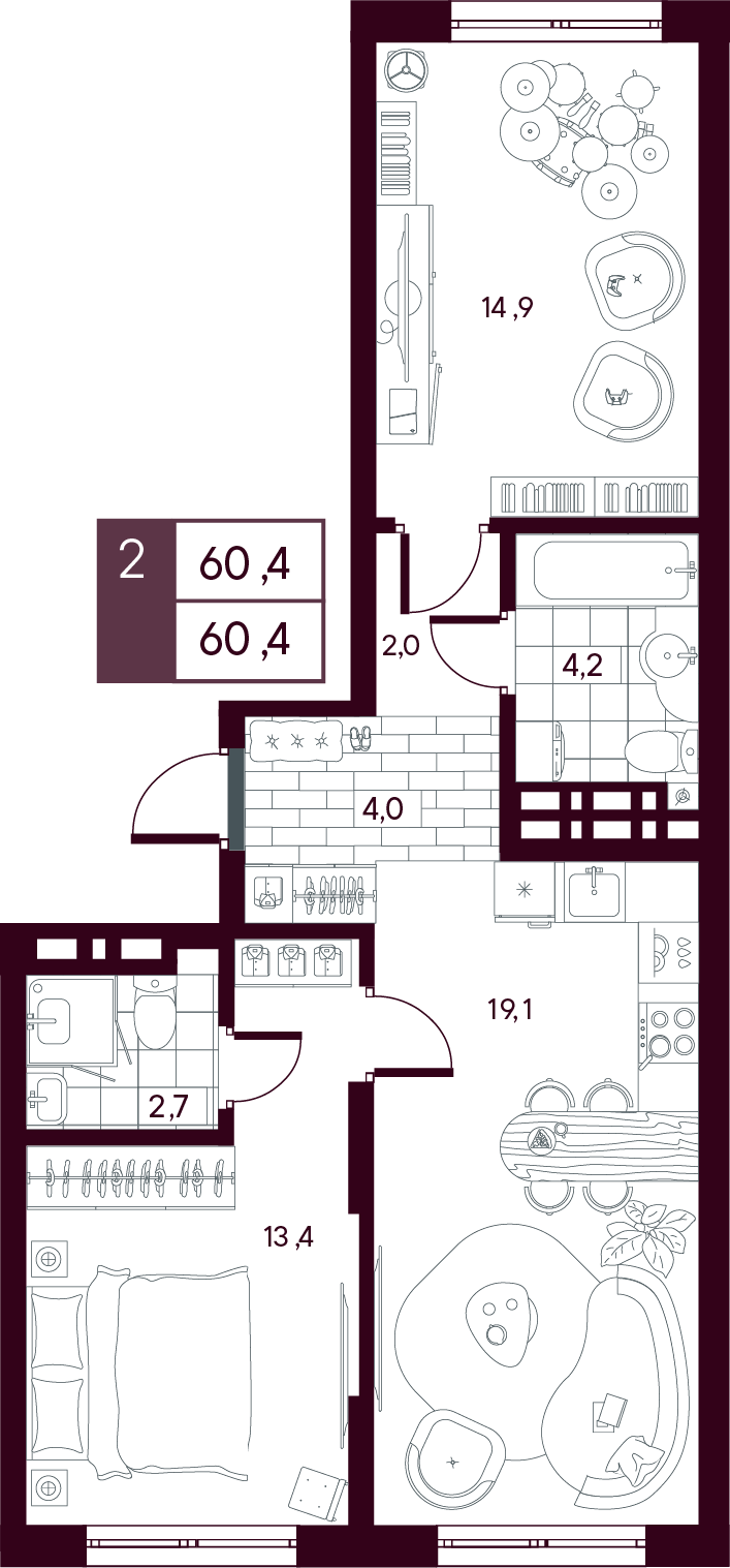 Планировка: Евротрешка 60.4 м² в ЖК MAX, От Слободы до Комарово парк