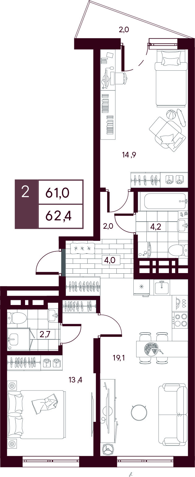 Планировка: Евротрешка 62.4 м² в ЖК MAX, От Слободы до Комарово парк