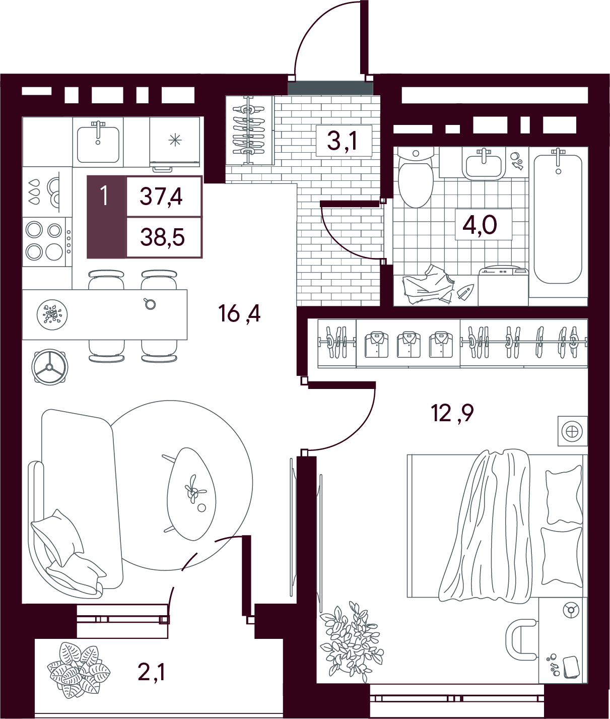 Планировка: Евродвушка 38.5 м² в ЖК MAX, От Слободы до Комарово парк