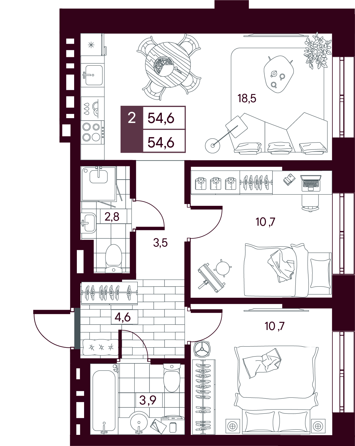Планировка: Евротрешка 54.6 м² в ЖК MAX, От Слободы до Комарово парк