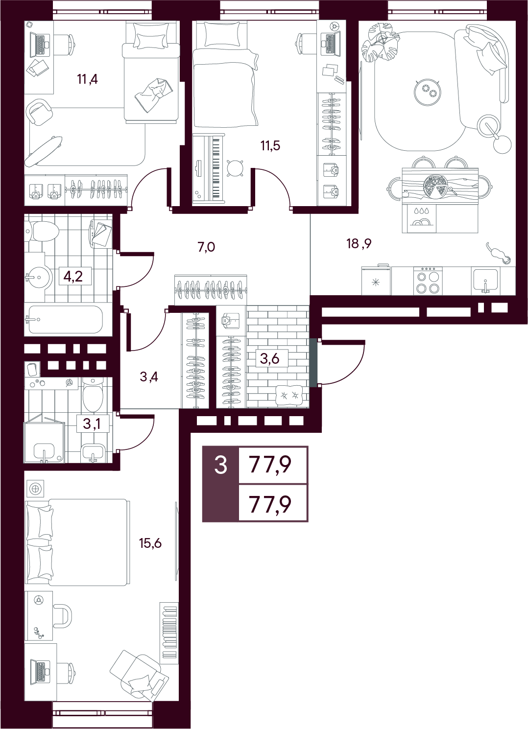 Планировка: 4-комнатная евро 77.9 м² в ЖК MAX, От Слободы до Комарово парк