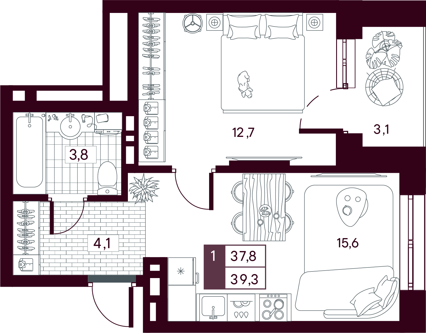 Планировка: Евродвушка 39.3 м² в ЖК MAX, От Слободы до Комарово парк