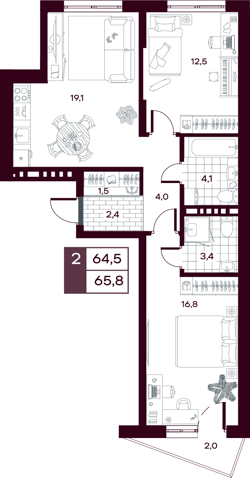 Планировка: Евротрешка 65.8 м² в ЖК MAX, От Слободы до Комарово парк