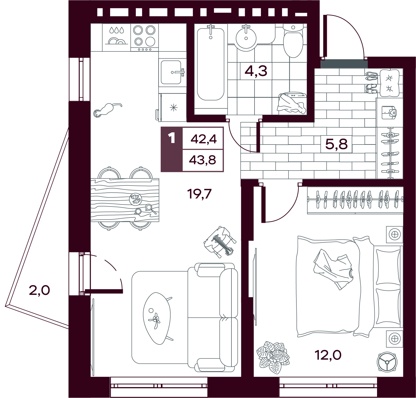Планировка: Евродвушка 43.8 м² в ЖК MAX, От Слободы до Комарово парк