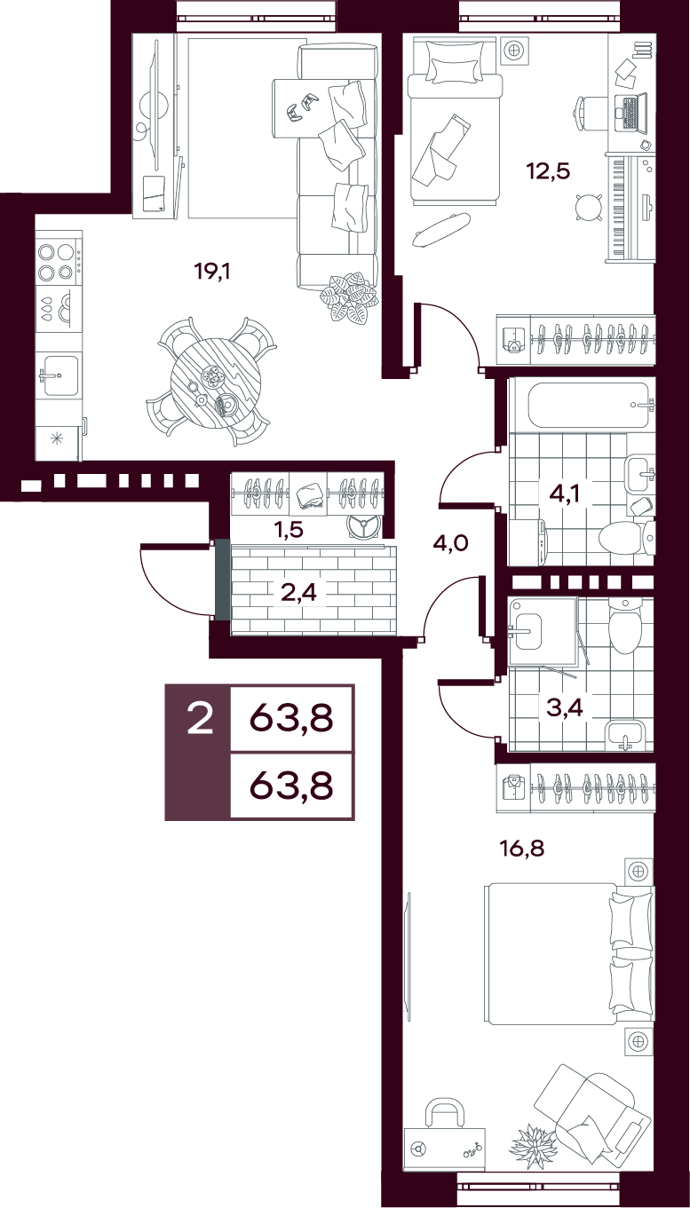 Планировка: Евротрешка 63.9 м² в ЖК MAX, От Слободы до Комарово парк