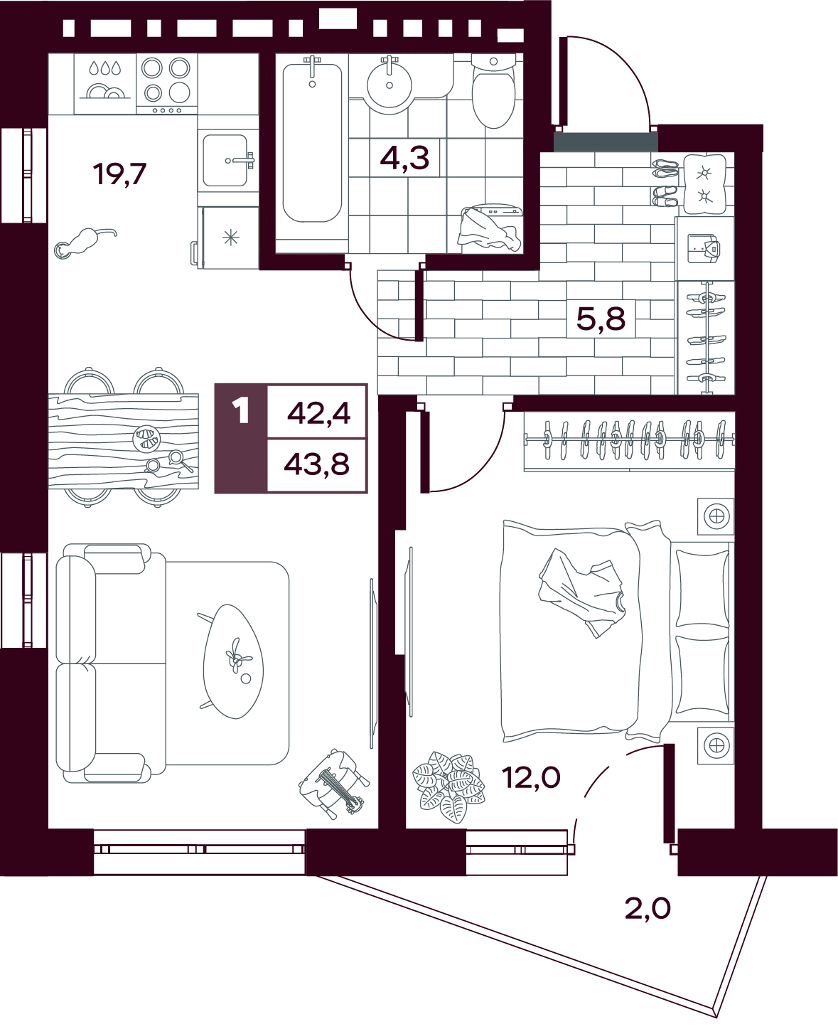 Планировка: Евродвушка 43.8 м² в ЖК MAX, От Слободы до Комарово парк
