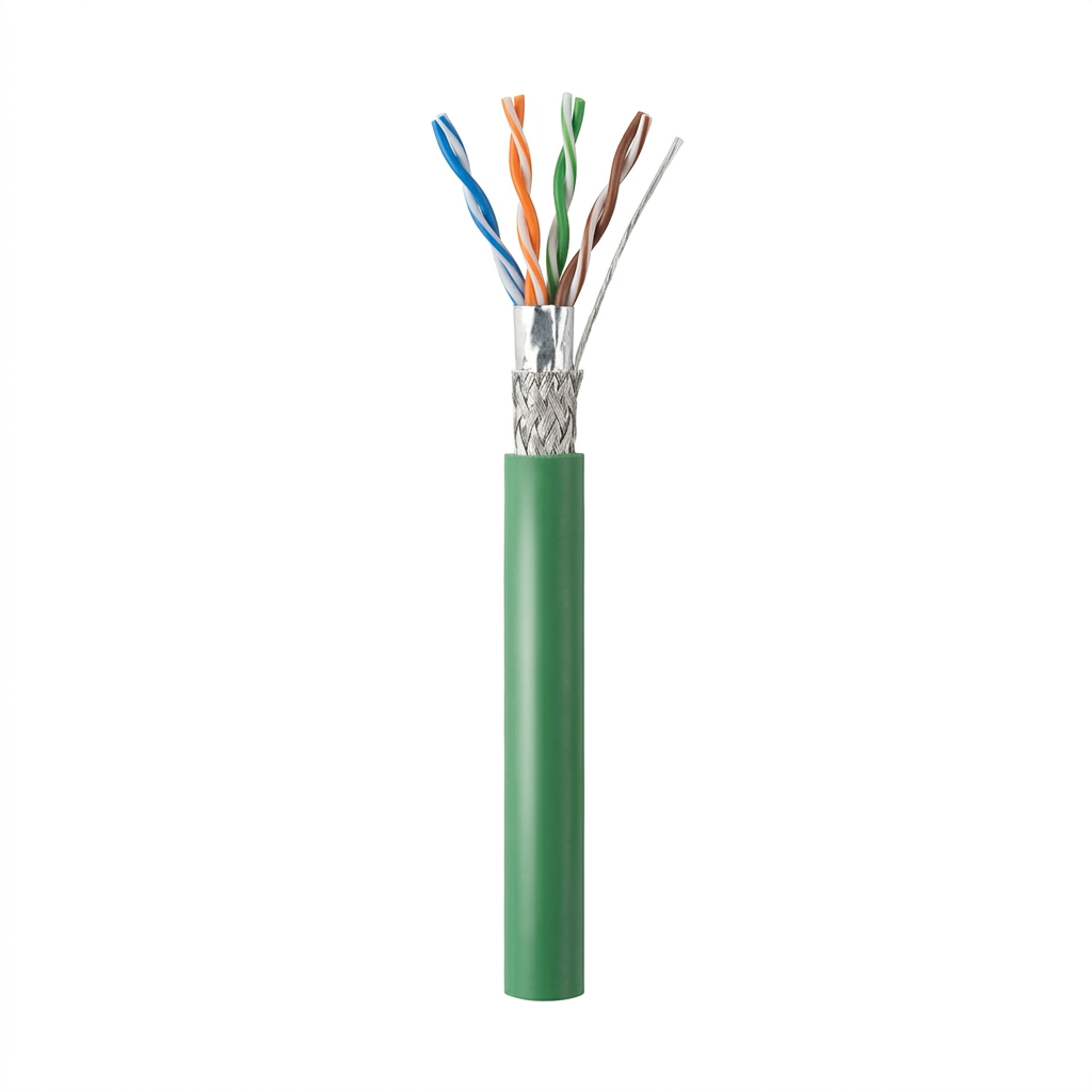 Hyperline SFUTP4-C5E-P26-IN-LSZH-GN-305 (305 м) Кабель витая пара, экранированный SF/UTP, общий экран оплетка и фольга, категория 5e, 4 пары 26 AWG, 4х2х0,48 мм, многопроволочные жилы, LSZH, нг(А)-HF, внутренний -40°C – +75°C, зеленый