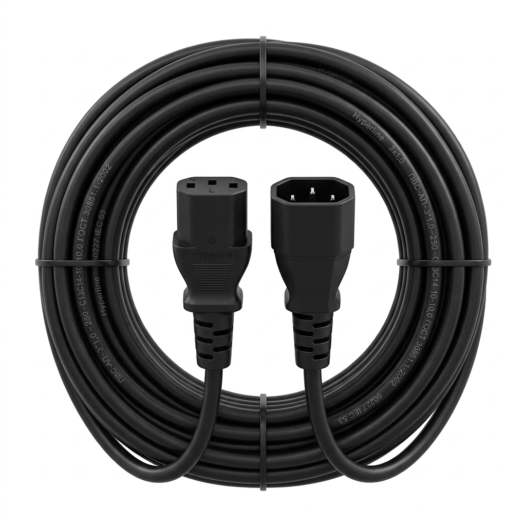 Hyperline PWC-IEC13-IEC14-10-BK Кабель питания монитор-компьютер IEC 320 C13 - IEC 320 C14 (3x1.0), 10A, прямая вилка, 10м, цвет черный (ПВС-АП-3*1,0-250-C13C14-10-10,0 ГОСТ 30851.1-2002 (МЭК 60320-1:1994))
