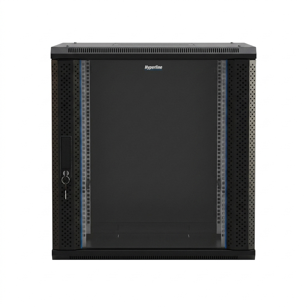 Hyperline TWB-0645-GP-RAL9004 Шкаф настенный 19-дюймовый (19"), 6U, 367x600х450мм, стеклянная дверь с перфорацией по бокам, ручка с замком, цвет черный (RAL 9004) (разобранный)