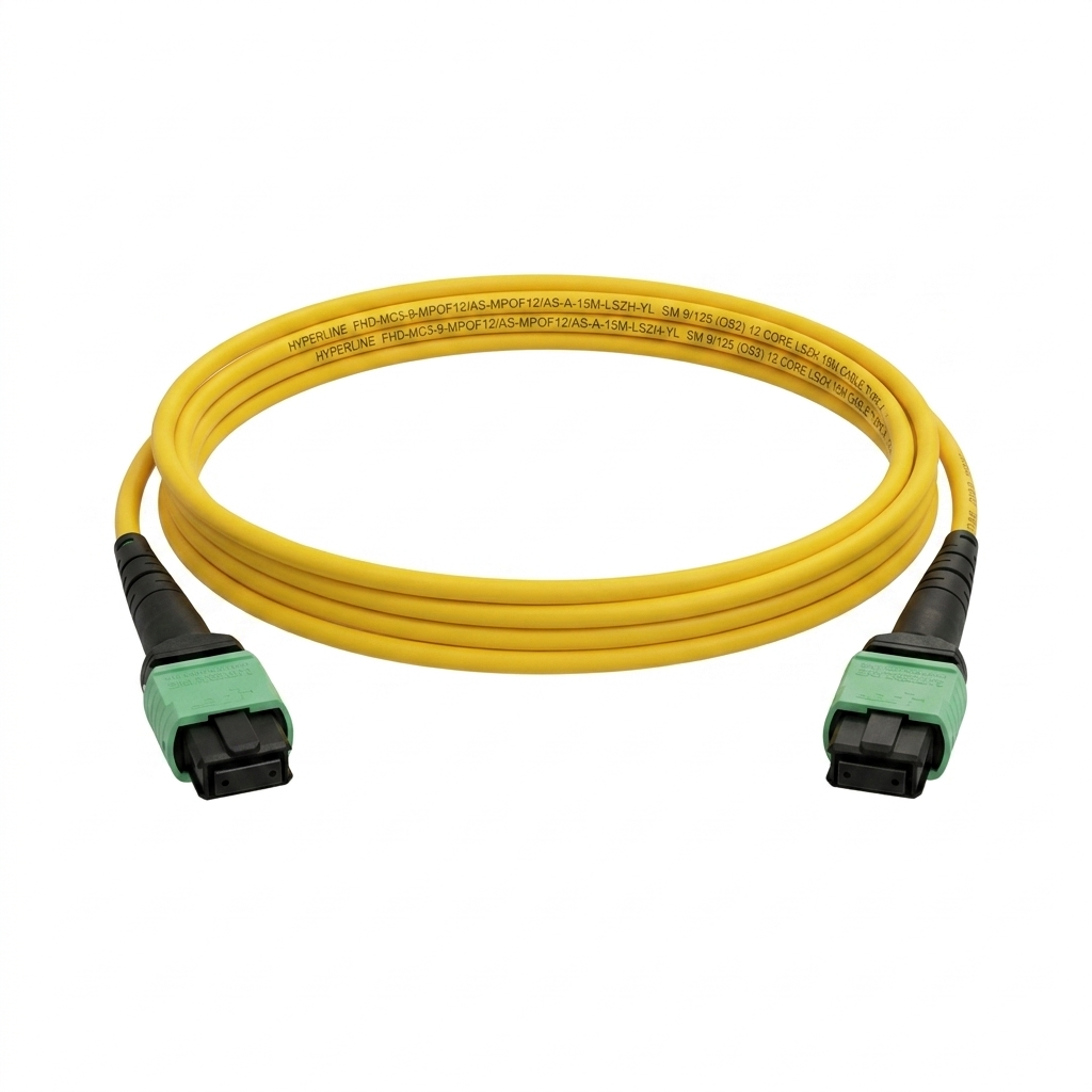 Hyperline FHD-MC3-9-MPOF12/AS-MPOF12/AS-A-15M-LSZH-YL Патч-корд волоконно-оптический SM 9/125 (OS2) МРО (мама) - МРО (мама), тип A, 12 волокон, LSZH, 15 м