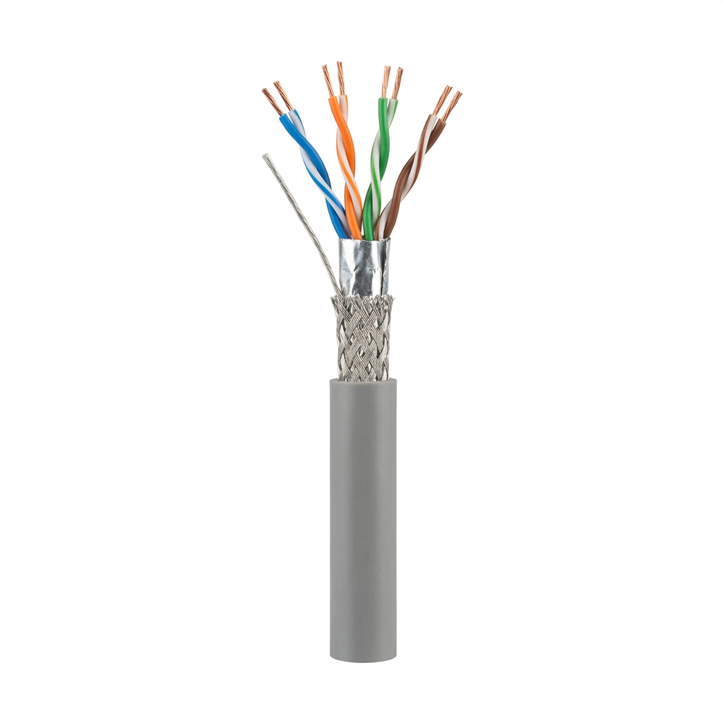 Hyperline SFUTP4-C5E-P26-IN-LSZH-GY-305 (305 м) Кабель витая пара, экранированный SF/UTP, общий экран оплетка и фольга, категория 5e, 4 пары 26 AWG, 4х2х0,48 мм, многопроволочные жилы, LSZH, нг(А)-HF, внутренний -40°C – +75°C, серый