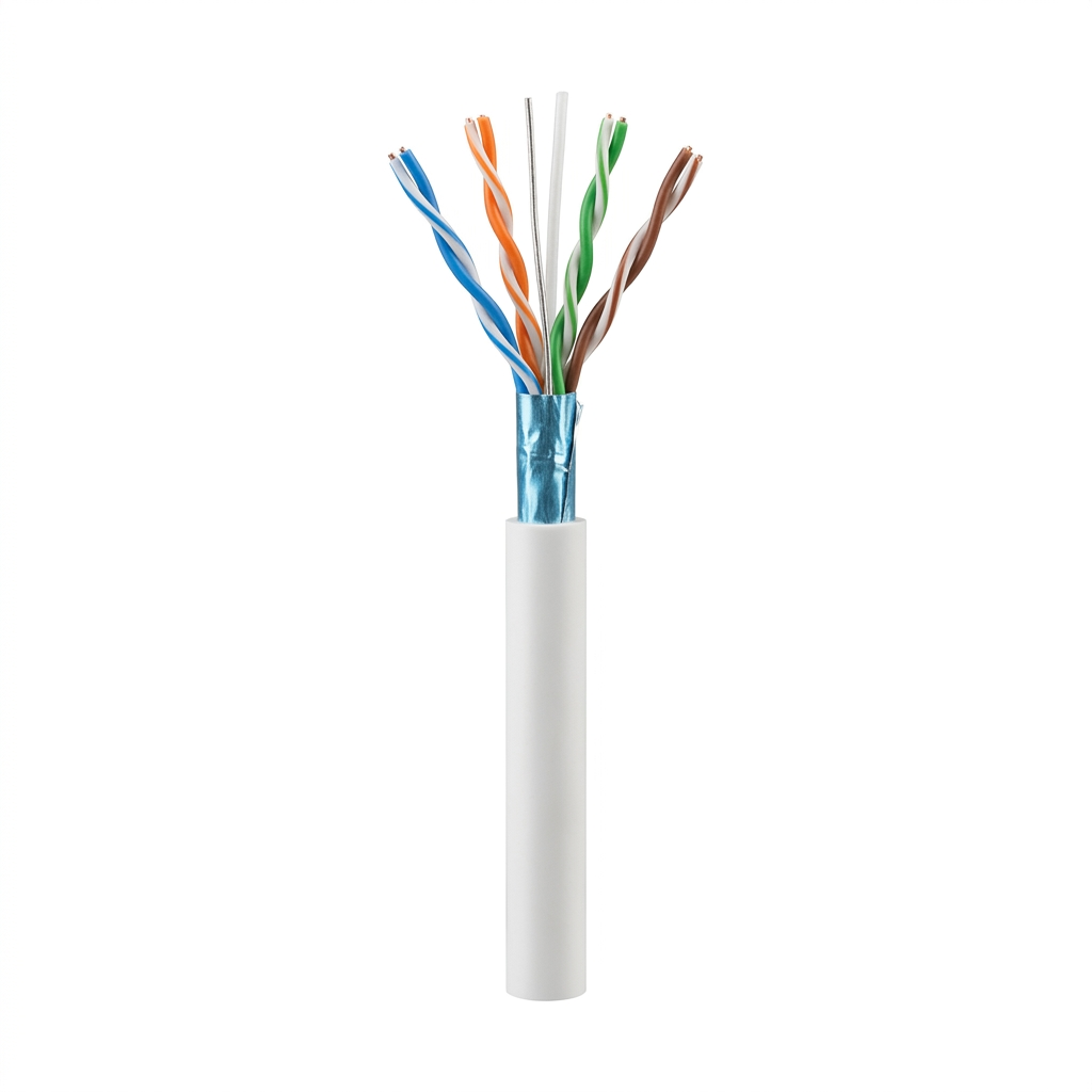 Hyperline FUTP4-C5E-P26-IN-LSZH-WH-305 (305 м) Кабель витая пара, экранированный F/UTP, общий экран фольга, категория 5e, 4 пары 26 AWG, 4х2х0,48 мм, многопроволочные жилы, LSZH, нг(А)-HF, внутренний -40°C – +75°C, белый