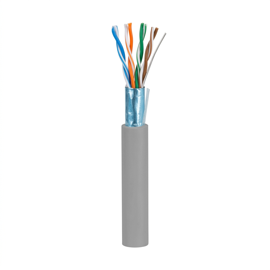 Hyperline FUTP4-C5E-P26-IN-PVC-GY-305 (305 м) Кабель витая пара, экранированный F/UTP, общий экран фольга, категория 5e, 4 пары 26 AWG, 4х2х0,48 мм, многопроволочные жилы, PVC, нг(А)-LS, внутренний -20°C – +75°C, серый