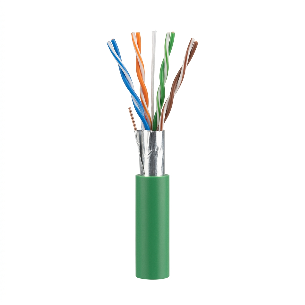 Hyperline FUTP4-C5E-S24-IN-LSZH-GN-305 (305 м) Кабель витая пара, экранированный F/UTP, общий экран фольга, категория 5e, 4 пары 24 AWG, 4х2х0,51 мм, однопроволочные жилы, LSZH, нг(А)-HF, внутренний -40°C – +75°C, зеленый, системная гарантия 25 лет