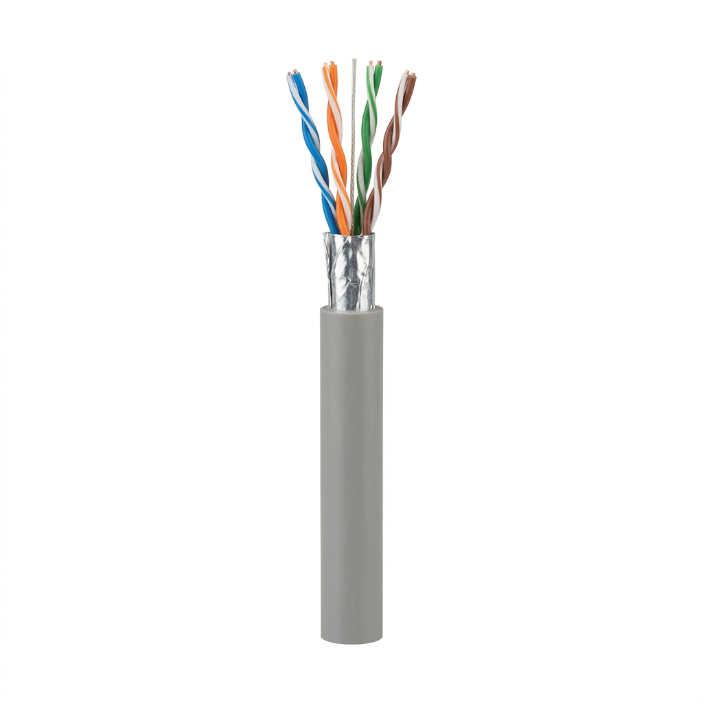 Hyperline FUTP4-C5E-S24-IN-LSZH-GY-305 (305 м) Кабель витая пара, экранированный F/UTP, общий экран фольга, категория 5e, 4 пары 24 AWG, 4х2х0,51 мм, однопроволочные жилы, LSZH, нг(А)-HF, внутренний -40°C – +75°C, серый, системная гарантия 25 лет