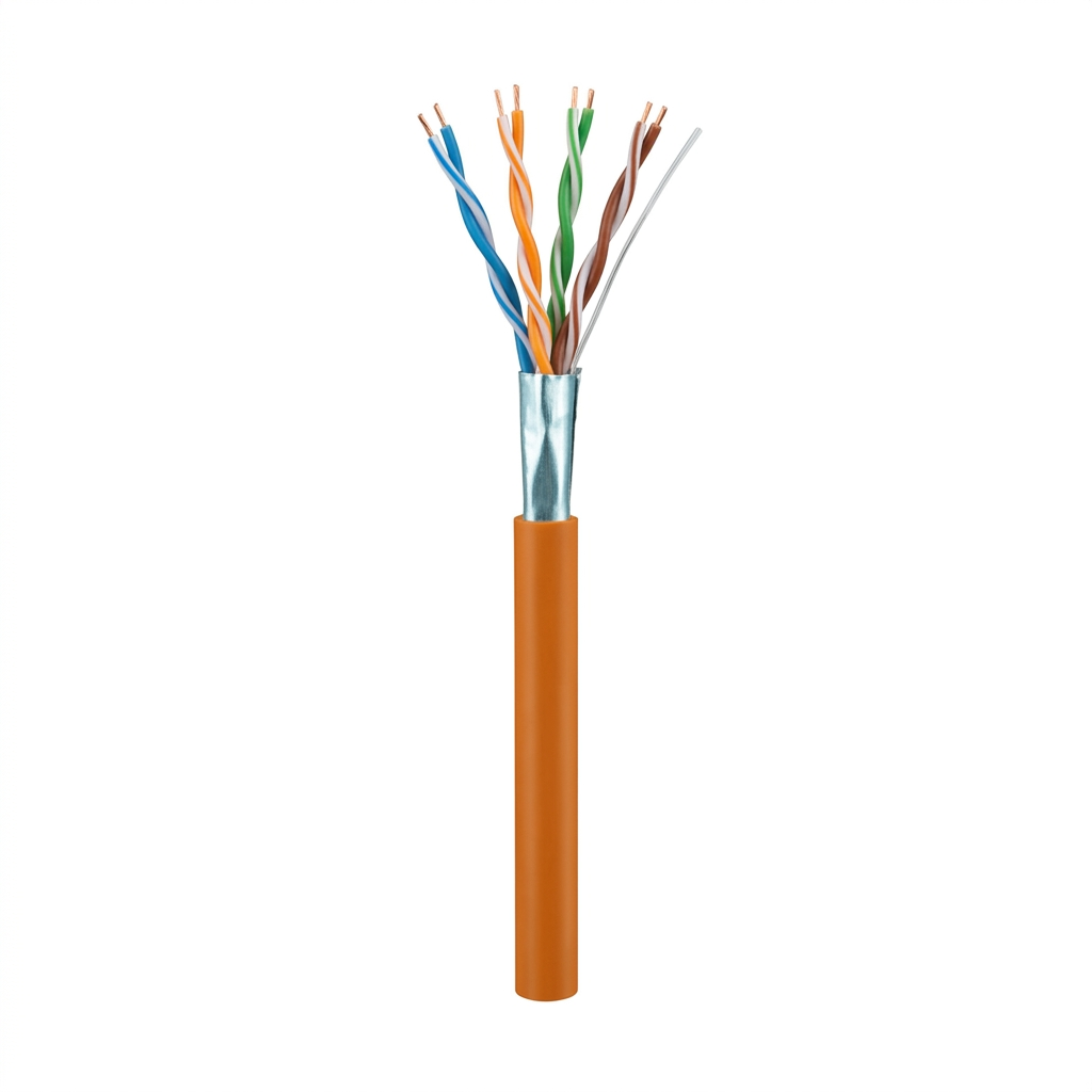 Hyperline FUTP4-C5E-S24-IN-LSZH-OR-305 (305 м) Кабель витая пара, экранированный F/UTP, общий экран фольга, категория 5e, 4 пары 24 AWG, 4х2х0,51 мм, однопроволочные жилы, LSZH, нг(А)-HF, внутренний -40°C – +75°C, оранжевый, системная гарантия 25 лет