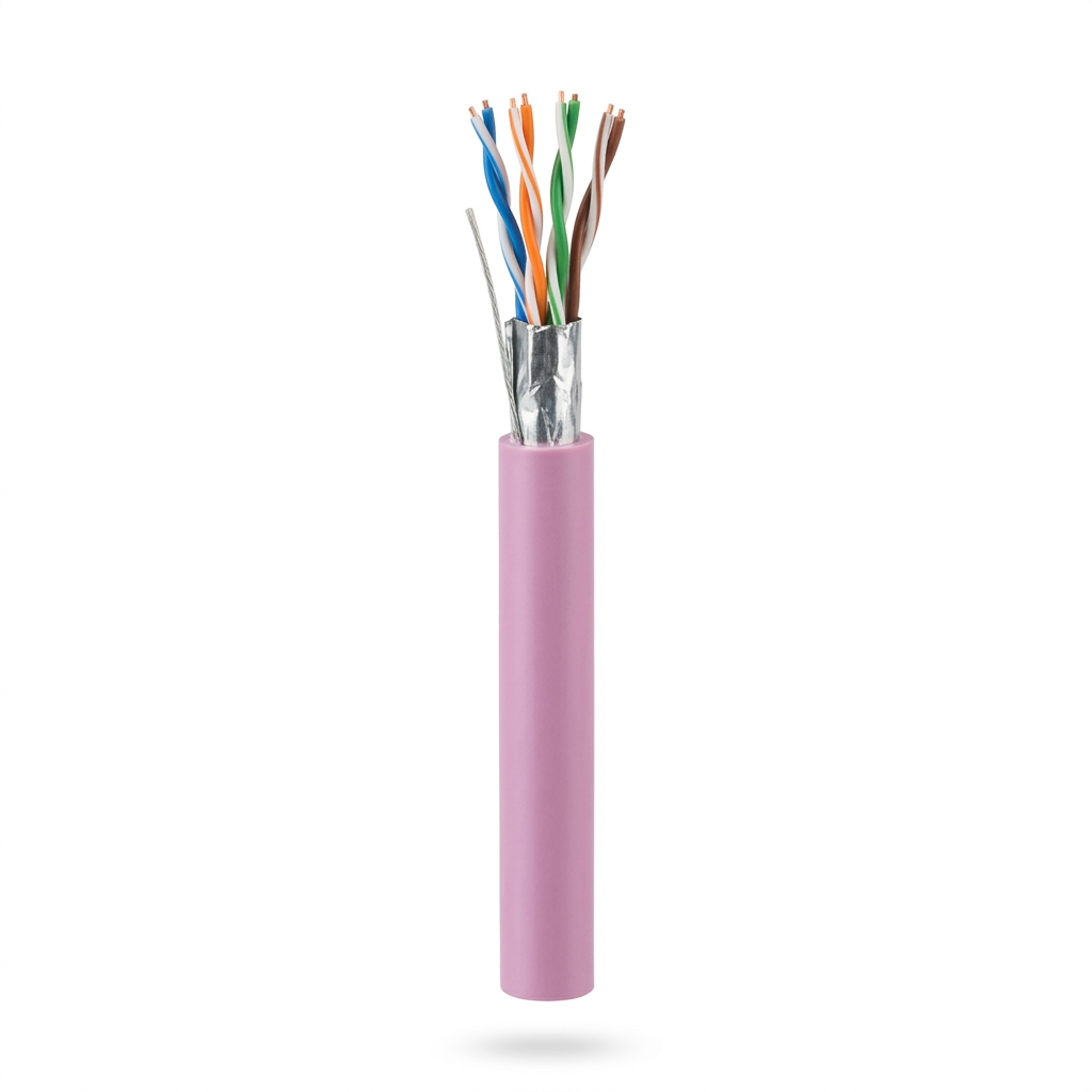 Hyperline FUTP4-C5E-S24-IN-LSZH-PK-305 (305 м) Кабель витая пара, экранированный F/UTP, общий экран фольга, категория 5e, 4 пары 24 AWG, 4х2х0,51 мм, однопроволочные жилы, LSZH, нг(А)-HF, внутренний -40°C – +75°C, розовый, системная гарантия 25 лет