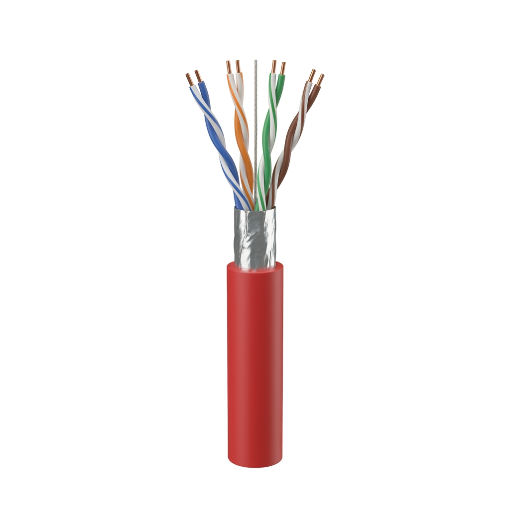 Hyperline FUTP4-C5E-S24-IN-LSZH-RD-305 (305 м) Кабель витая пара, экранированный F/UTP, общий экран фольга, категория 5e, 4 пары 24 AWG, 4х2х0,51 мм, однопроволочные жилы, LSZH, нг(А)-HF, внутренний -40°C – +75°C, красный, системная гарантия 25 лет