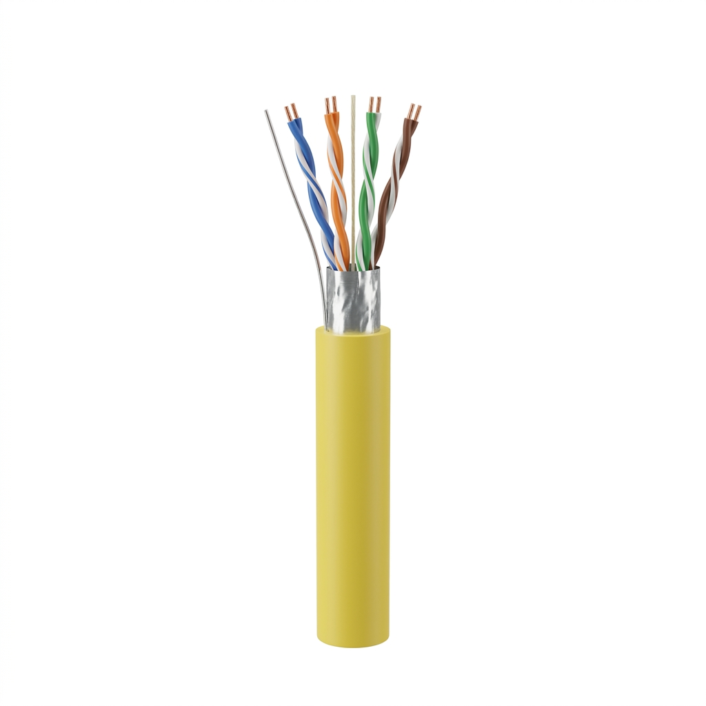 Hyperline FUTP4-C5E-S24-IN-LSZH-YL-305 (305 м) Кабель витая пара, экранированный F/UTP, общий экран фольга, категория 5e, 4 пары 24 AWG, 4х2х0,51 мм, однопроволочные жилы, LSZH, нг(А)-HF, внутренний -40°C – +75°C, желтый, системная гарантия 25 лет