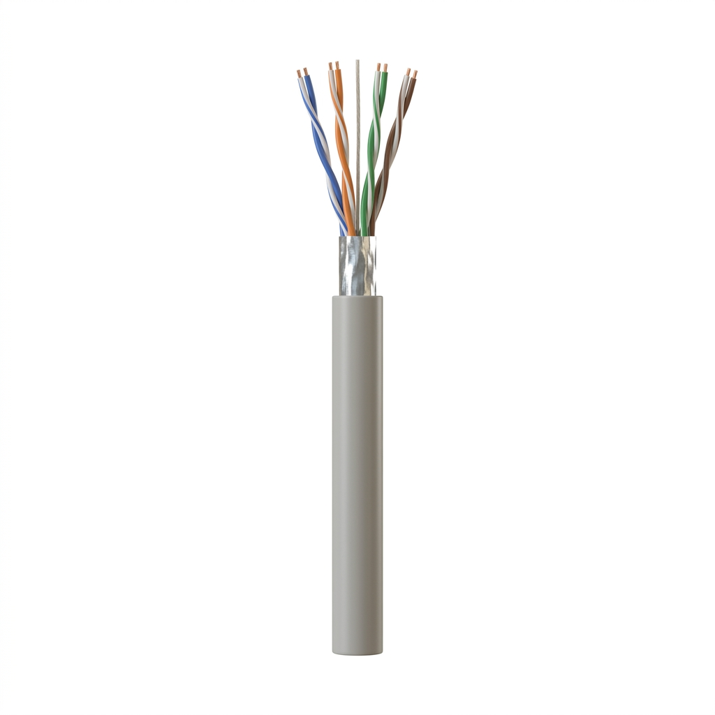 Hyperline FUTP4-C5E-S24-IN-PVC-GY-305 (305 м) Кабель витая пара, экранированный F/UTP, общий экран фольга, категория 5e, 4 пары 24 AWG, 4х2х0,51 мм, однопроволочные жилы, PVC, нг(А)-LS, внутренний -20°C – +75°C, серый, системная гарантия 25 лет