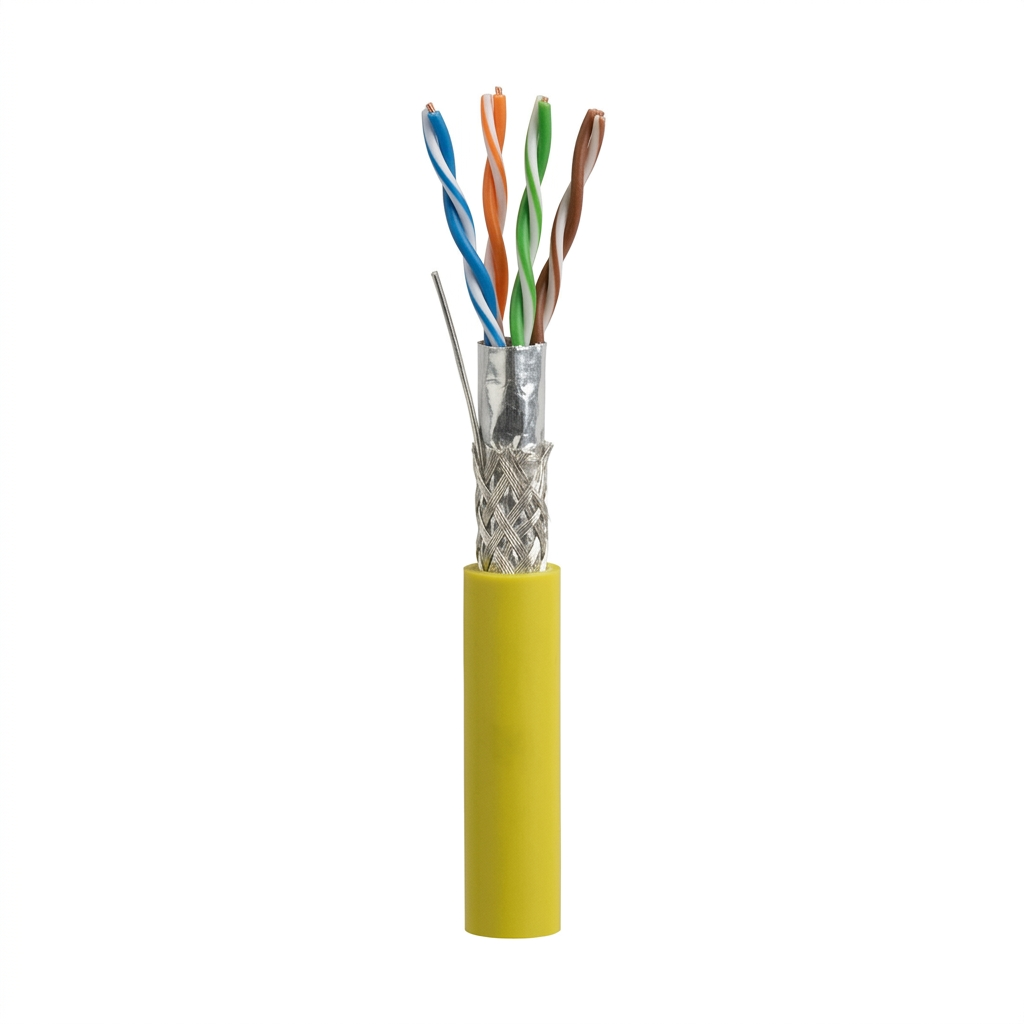 Hyperline SFUTP4-C5E-S24-IN-LSZH-YL-305 (305 м) Кабель витая пара, экранированный SF/UTP, общий экран оплетка и фольга, категория 5e, 4 пары 24 AWG, 4х2х0,51 мм, однопроволочные жилы, LSZH, нг(А)-HF, внутр.-40°C – +75°C, желтый, системная гарантия 25 лет