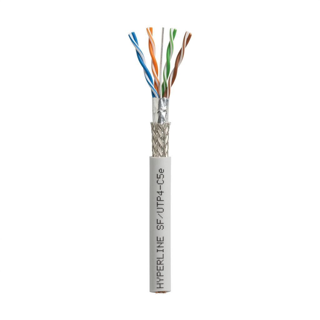 Hyperline SFUTP4-C5E-S24-IN-LSZH-WH-305 (305 м) Кабель витая пара, экранированный SF/UTP, общий экран оплетка и фольга, категория 5e, 4 пары 24 AWG, 4х2х0,51 мм, однопроволочные жилы, LSZH, нг(А)-HF, внутр.-40°C – +75°C, белый, системная гарантия 25 лет