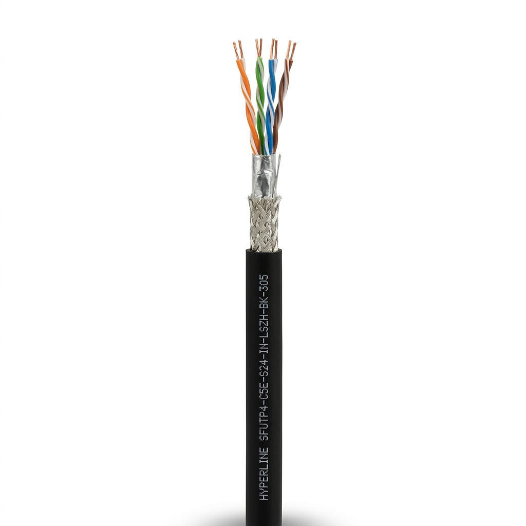 Hyperline SFUTP4-C5E-S24-IN-LSZH-BK-305 (305 м) Кабель витая пара, экранированный SF/UTP, общий экран оплетка и фольга, категория 5e, 4 пары 24 AWG, 4х2х0,51 мм, однопроволочные жилы, LSZH, нг(А)-HF, внутр.-40°C – +75°C, черный, системная гарантия 25 лет