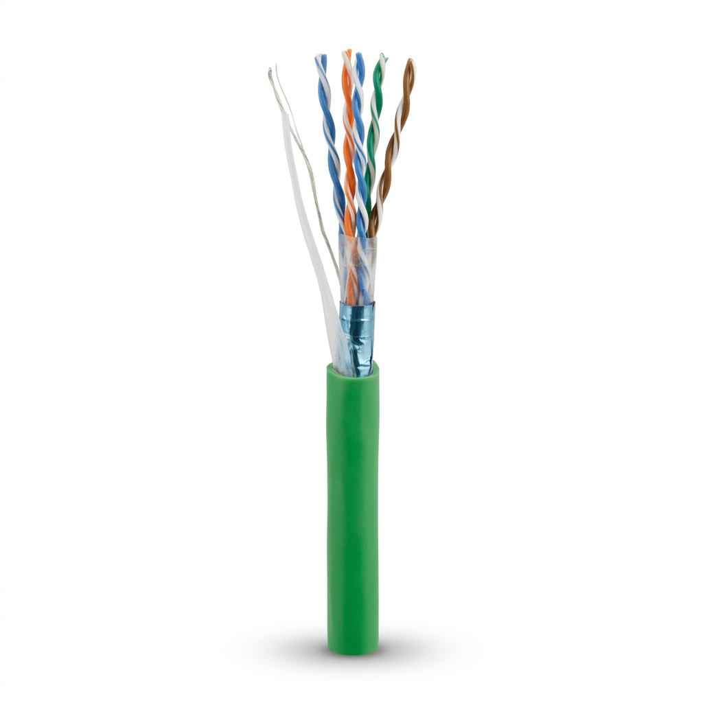 Hyperline FUTP4-C5E-P26-IN-LSZH-GN-305 (305 м) Кабель витая пара, экранированный F/UTP, общий экран фольга, категория 5e, 4 пары 26 AWG, 4х2х0,48 мм, многопроволочные жилы, LSZH, нг(А)-HF, внутренний -40°C – +75°C, зеленый