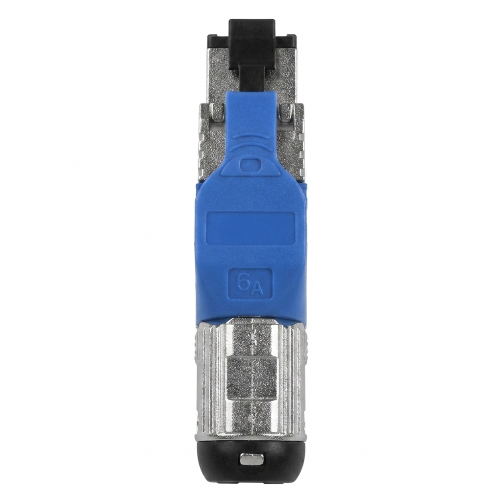 Hyperline PLUE-8P8C-S-C6A-SH-BL Разъем полевой оконцовки RJ-45 (8P8C) под витую пару, для одножильного кабеля, toolless, категория 6A, экранированный, накручивающийся хвостовик, синий