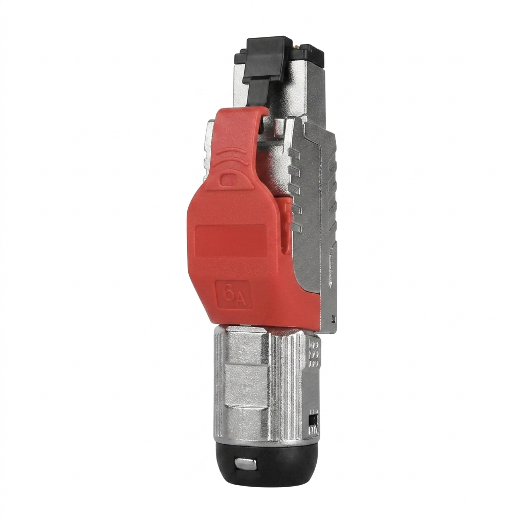 Hyperline PLUE-8P8C-S-C6A-SH-RD Разъем полевой оконцовки RJ-45 (8P8C) под витую пару, для одножильного кабеля, toolless, категория 6A, экранированный, накручивающийся хвостовик, красный