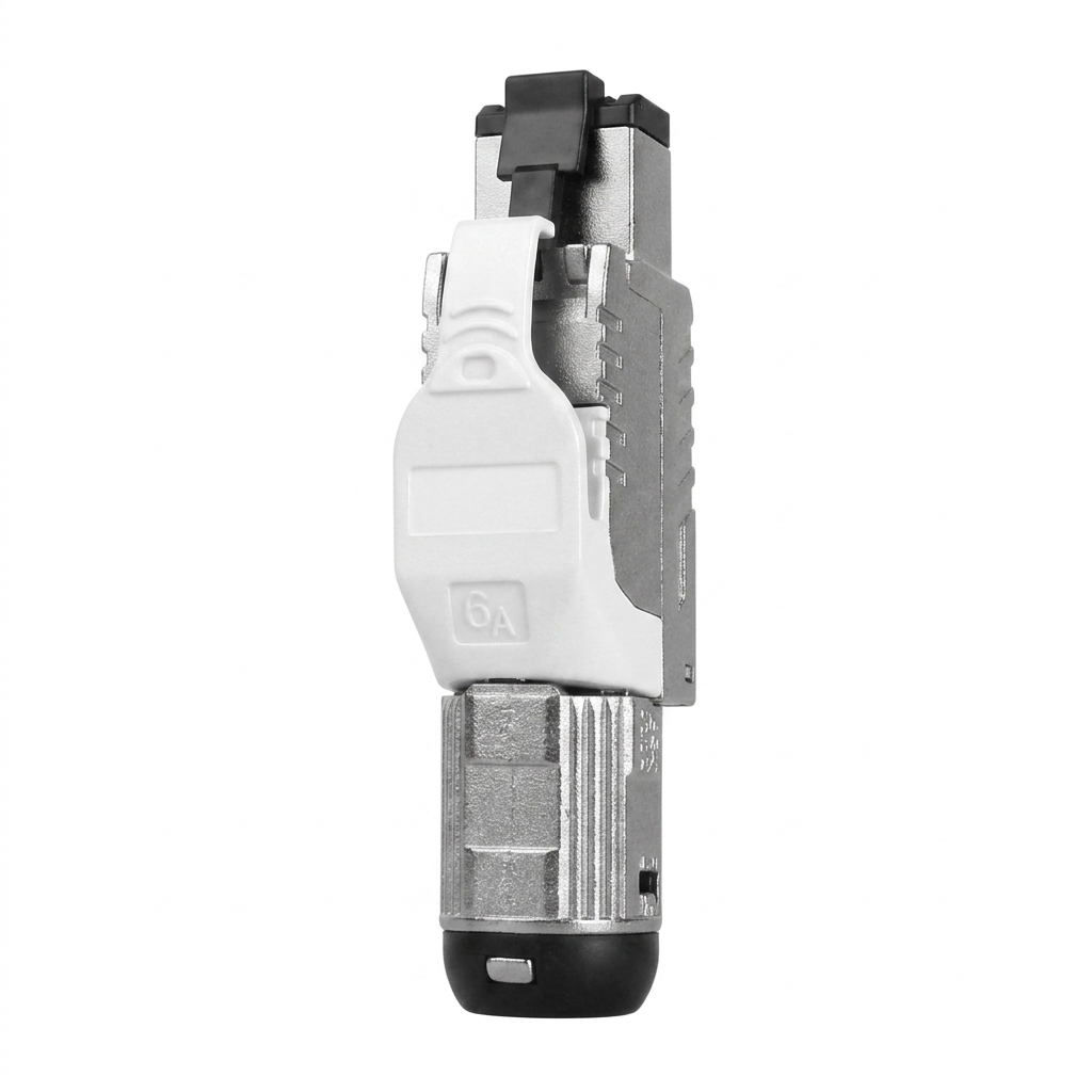 Hyperline PLUE-8P8C-S-C6A-SH-WH Разъем полевой оконцовки RJ-45 (8P8C) под витую пару, для одножильного кабеля, toolless, категория 6A, экранированный, накручивающийся хвостовик, белый