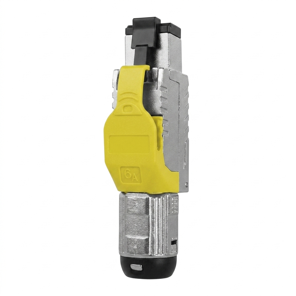 Hyperline PLUE-8P8C-S-C6A-SH-YL Разъем полевой оконцовки RJ-45 (8P8C) под витую пару, для одножильного кабеля, toolless, категория 6A, экранированный, накручивающийся хвостовик, желтый