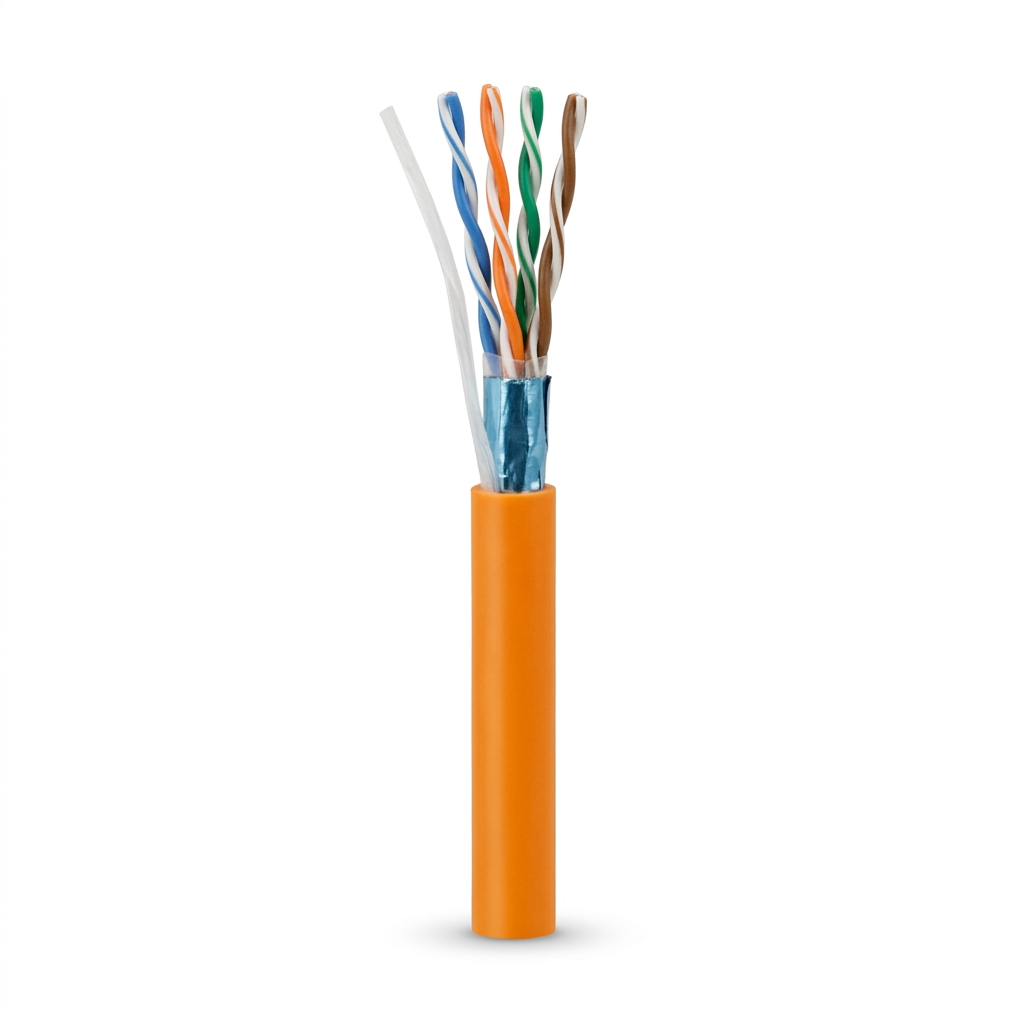 Hyperline FUTP4-C5E-P26-IN-LSZH-OR-305 (305 м) Кабель витая пара, экранированный F/UTP, общий экран фольга, категория 5e, 4 пары 26 AWG, 4х2х0,48 мм, многопроволочные жилы, LSZH, нг(А)-HF, внутренний -40°C – +75°C, оранжевый